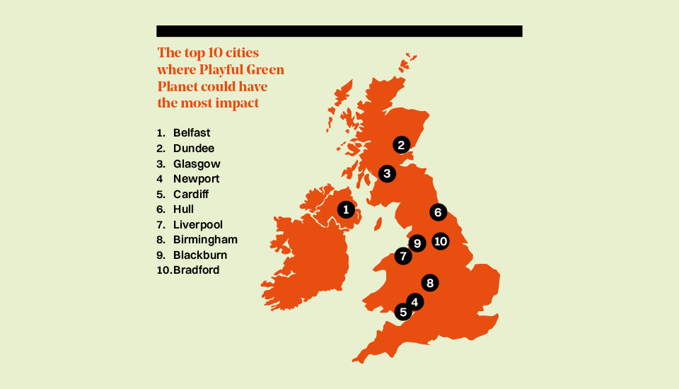 Image of a map showing the top 10 cities where Playful Green Planet could have an impact.