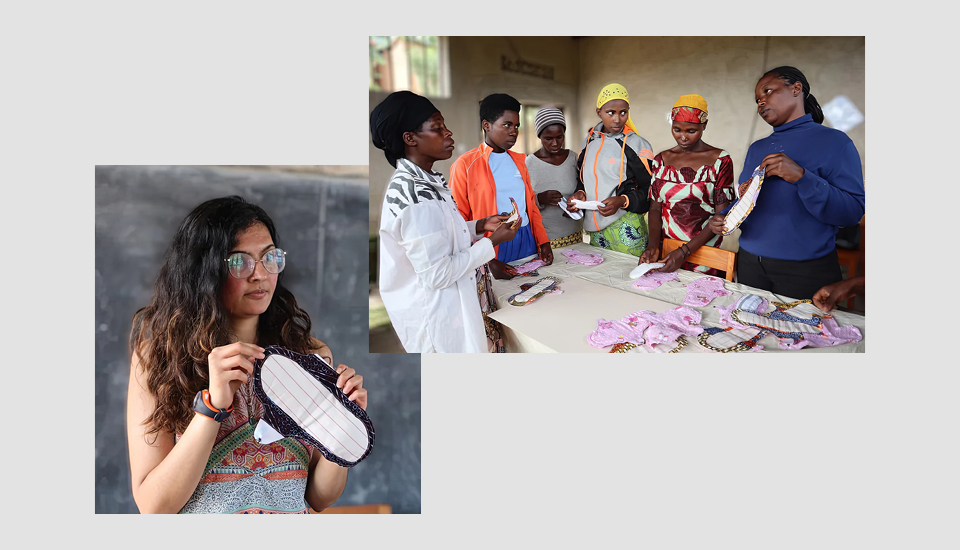 Image of Dr Aakeen Parikh of Minazi Consulting (left) and Women in Rwanda assembling pads (right).