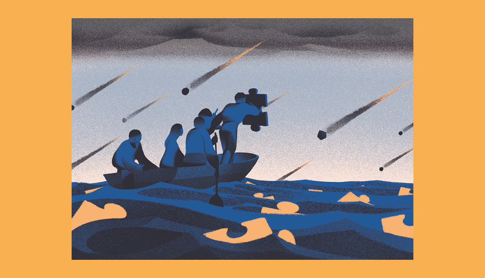 Illustration of people in a boat making a journey across an body of water while being attacked by projectiles and shielding themselves with jigsaw pieces.