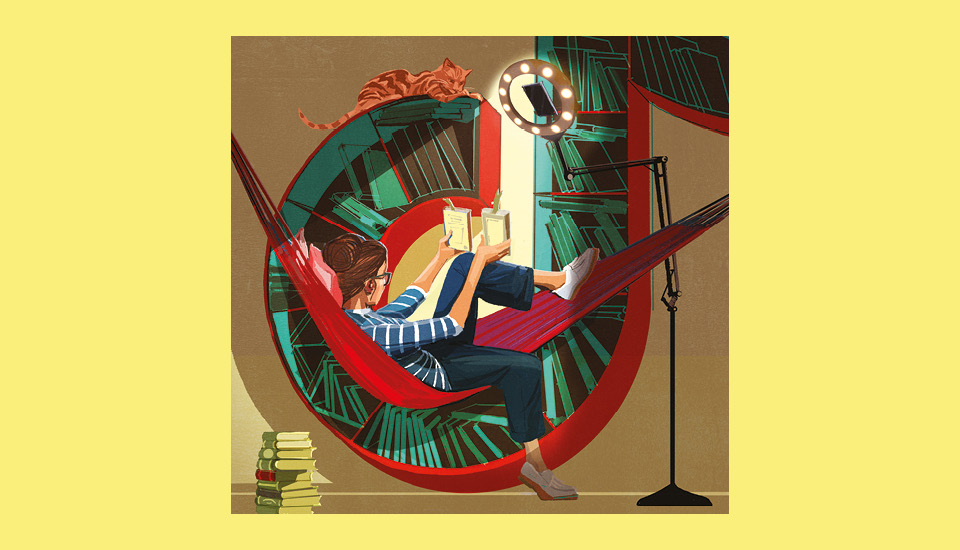 Digital painting of girl in a hammock showing two books to a phone and ring light with a cat resting on a tiktok logo in the background