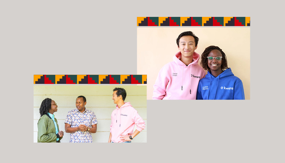 Two images of Kwara Co-founders David Hwan and Cynthia Wandia with a client.