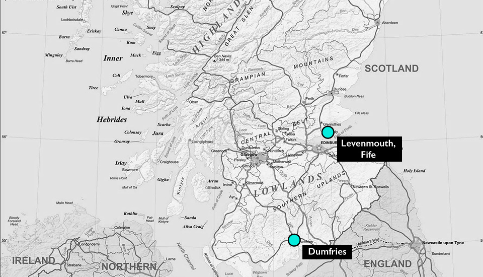 Image of map of Scotland highlighting Levenmouth, Fife and Dumfries.