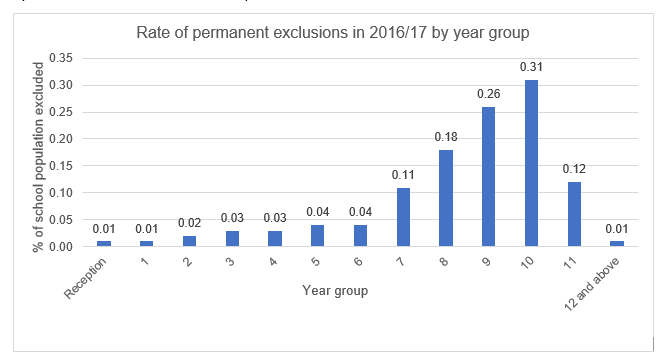 Graph showing rates of permanent exclusions by year group with significant increases between Years 6 and 10 and a drop off in Year 11