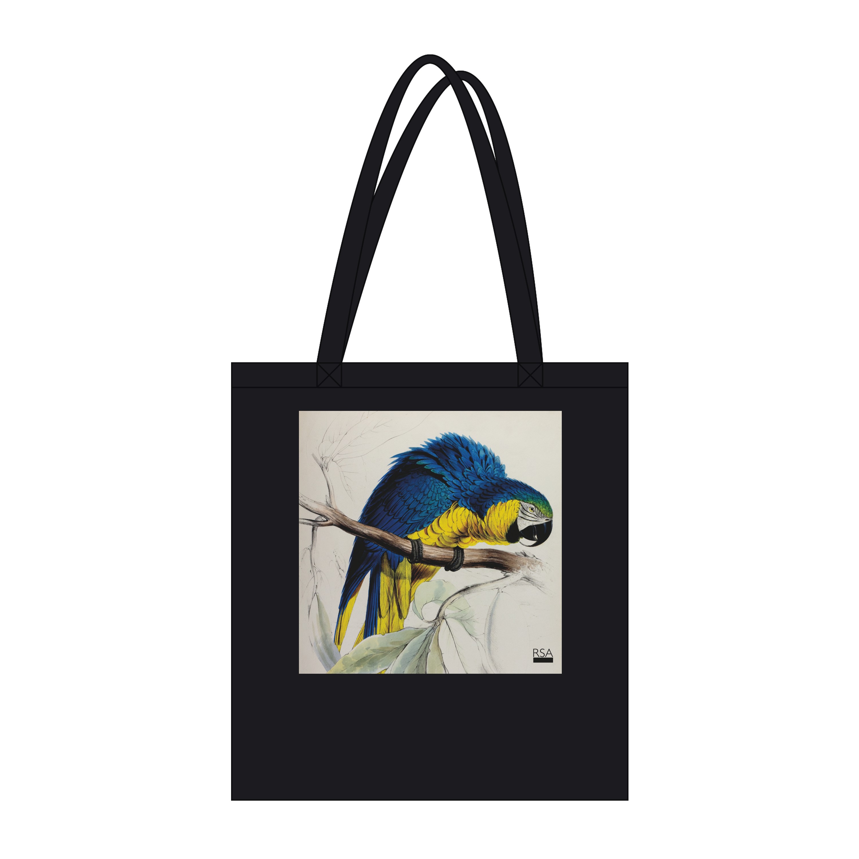 Blue and yellow parrot on a black tote bag