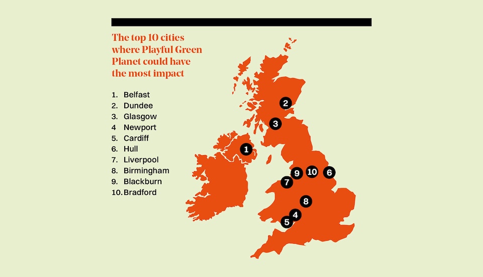 Image of a map showing the top 10 cities where Playful Green Planet could have an impact.